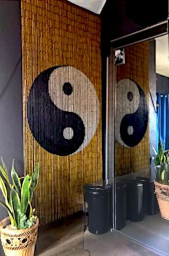 Hand Painted Bamboo Beaded Curtain - Yin Yang Bohemian Door Beads, 90 Strands | 35.5"x79"