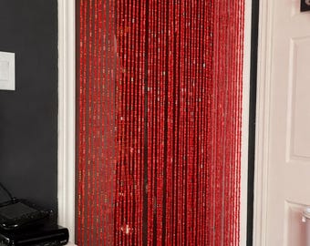 ¡LIQUIDACIÓN! Cortina de cuentas de bambú/madera hecha a mano - Cuentas bohemias para puerta - 89 cm de ancho x 195 cm de alto - 45 hebras - Color rojo - ¡Por favor, lea la descripción!