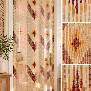 May include: A beaded door curtain featuring a repeating chevron pattern in dark brown and light tan wooden beads. The design includes diamond-shaped accents made of elongated light wood and small dark brown spherical beads.