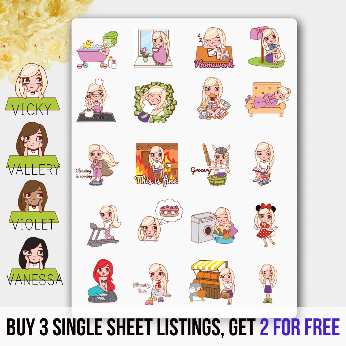 girl planner sticker set girl stickers hand drawn stickers
