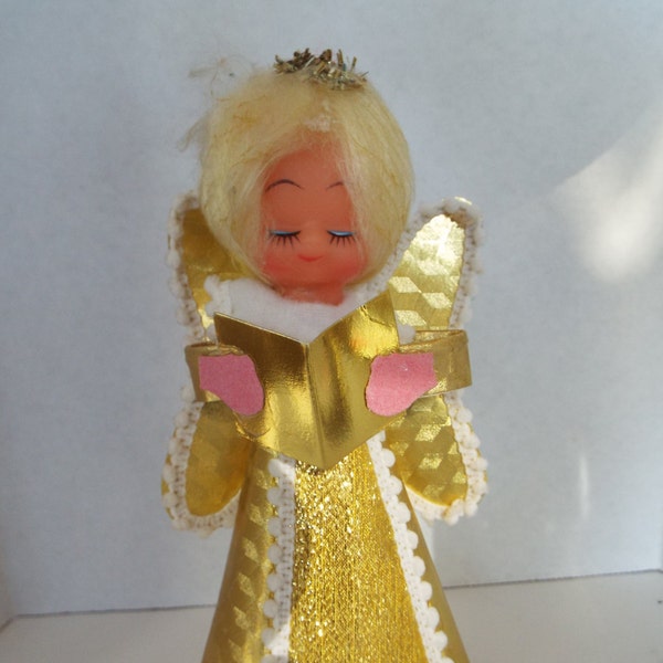 1 of 3 Retro gold foil  angel tree topper ornament  cardboard rubber plastic  doll head angel spun cotton hair ornament  Kitchy 7.5"