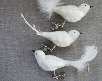 3 white glass clip on  bird Christmas ornament feather  tail
