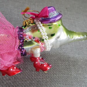 oversized  3" x 7"hand blown hand painted glass alligator ballerina crocodile figural  Christmas ornament tropical