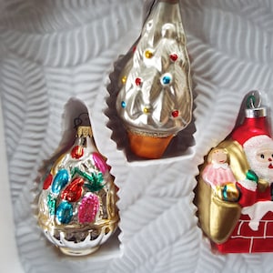 box of 3 Bradford 3" Christmas ornaments figural Santa silver tree fruit basket mercury glass ornaments