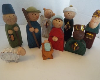 9-piece large 5'' tall  set hand carved  cut out wood Nativity set  original box child nativity