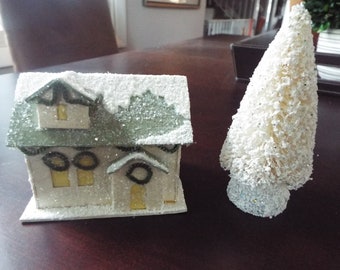 vintage Putz mini house white glitter  bottle brush tree snow sisal  wreaths cardboard 4"