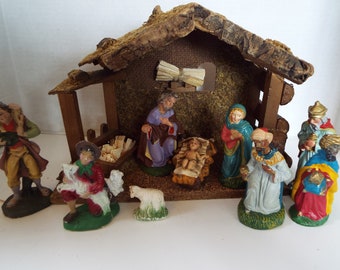 11 pieces Italy and Japan Holy family Nativity set chalk ware  figurines Jesus Mary Joseph Shepherd wise men sheep