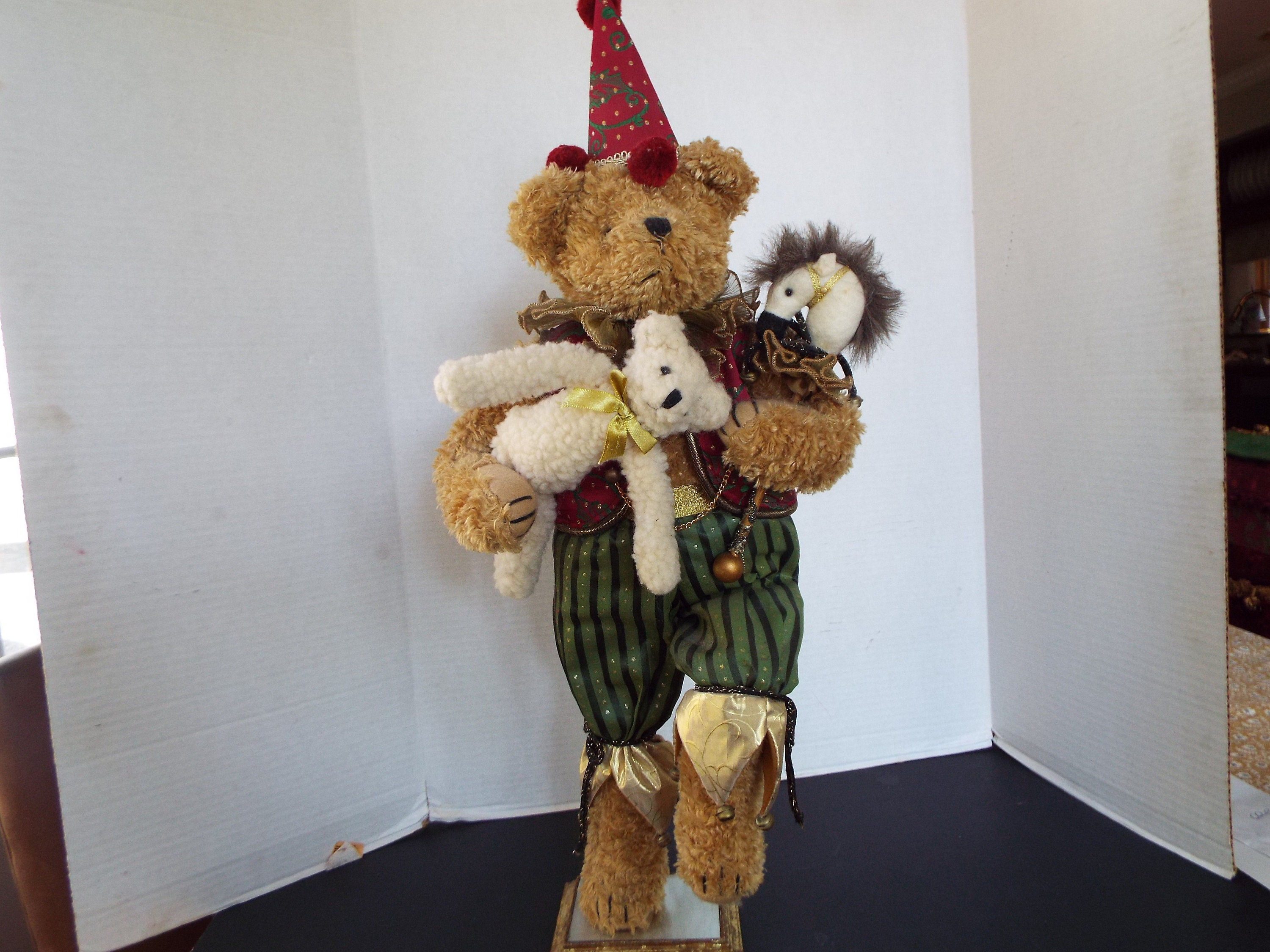 RARE Robert Raikes Jester Teddy Bear Clown With Mini Bear White Wooden