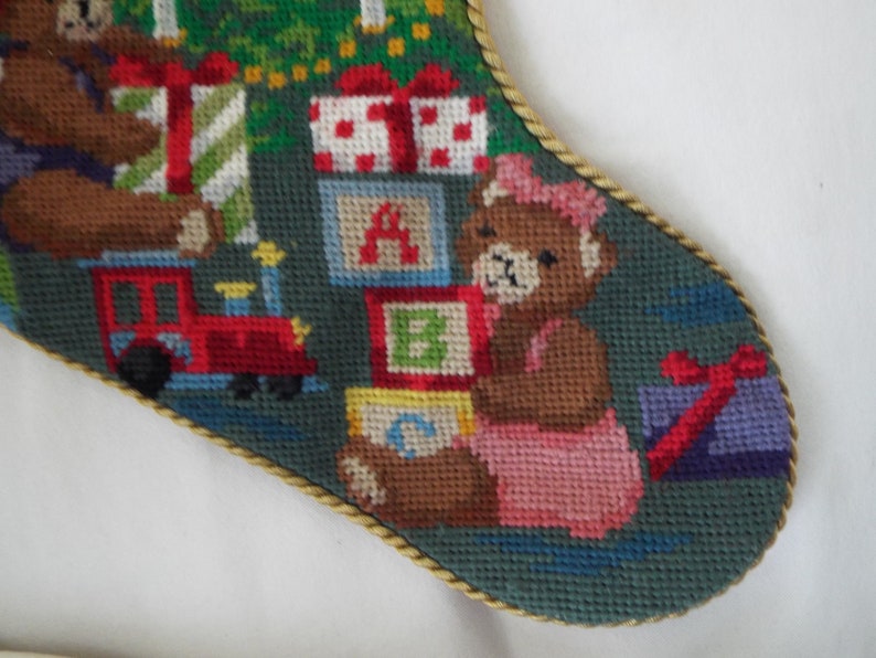 vintage needlepoint Christmas stocking JOY bears Christmas tree toys wool red velvet gold cord bells 24x8