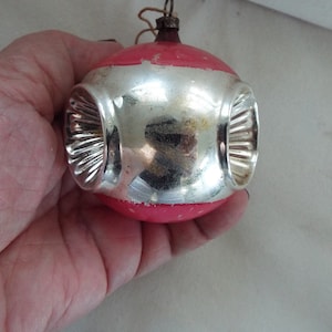 mercury glass triple indent reflector pink silver christmas ornament  germany 3"