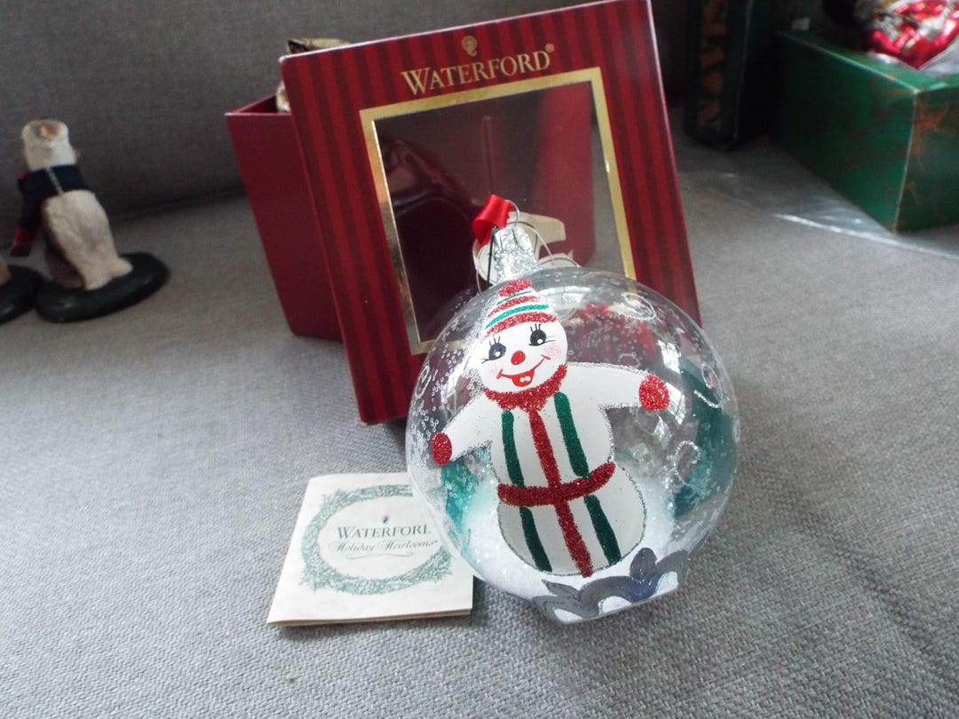 Un Silvered Waterford Holiday Heirlooms Glass Ornament Snowman Snowball ...