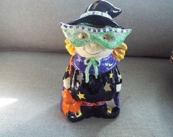 light up with candle  ceramic  painted Halloween witch with 3D green glasses whimsical witch Halloween figurine