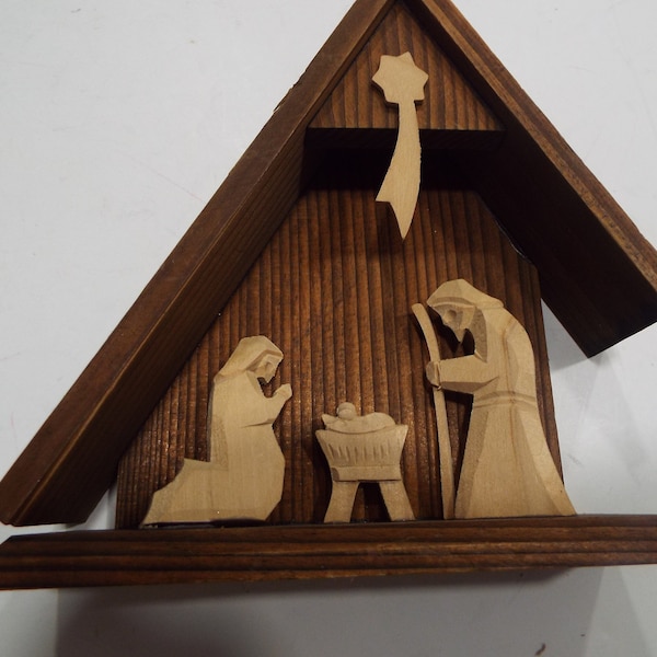 vintage miniature wood nativity scene mid century modern hand carved Poland folk art