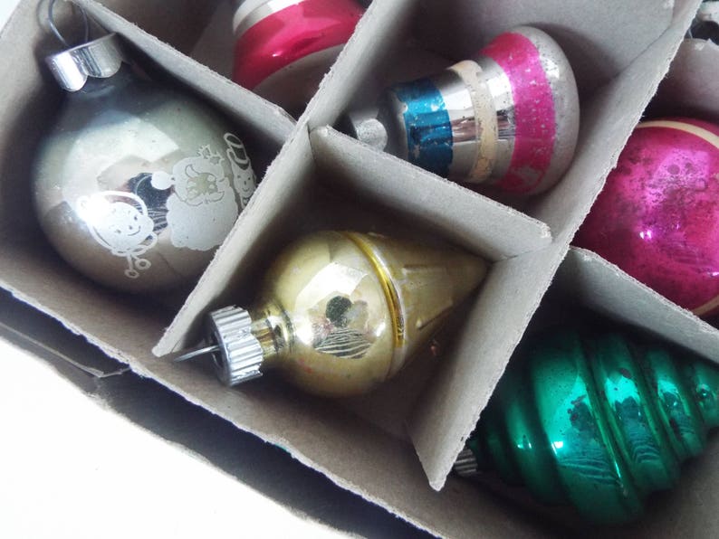 12 Shiny Brite mercury glass feather tree miniature ornaments bell grape atomic ufo stenciled strip