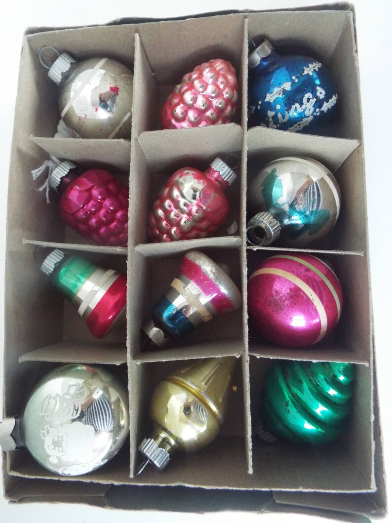 12 Shiny Brite mercury glass feather tree miniature ornaments bell grape atomic ufo stenciled strip