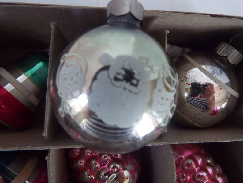 12 Shiny Brite mercury glass feather tree miniature ornaments bell grape atomic ufo stenciled strip
