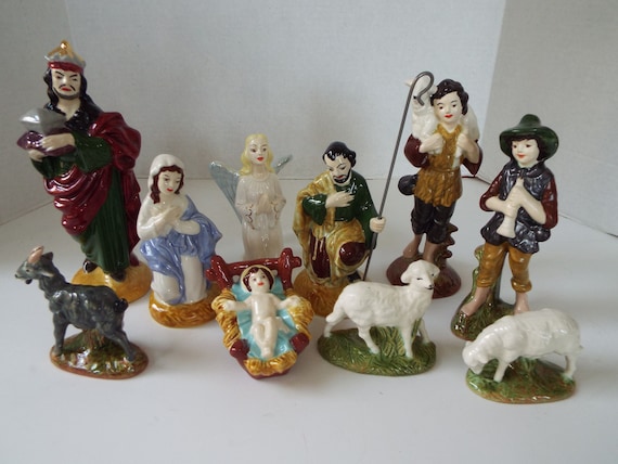 Christmas Nativity Set 10 PC Ceramic Figures & Animals 