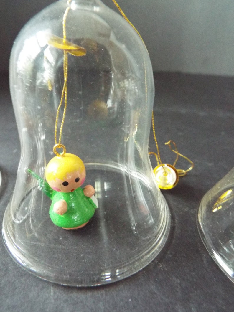 Set of 6 Clear Glass Hanging Bells With Miniature Wood Angel Etsy