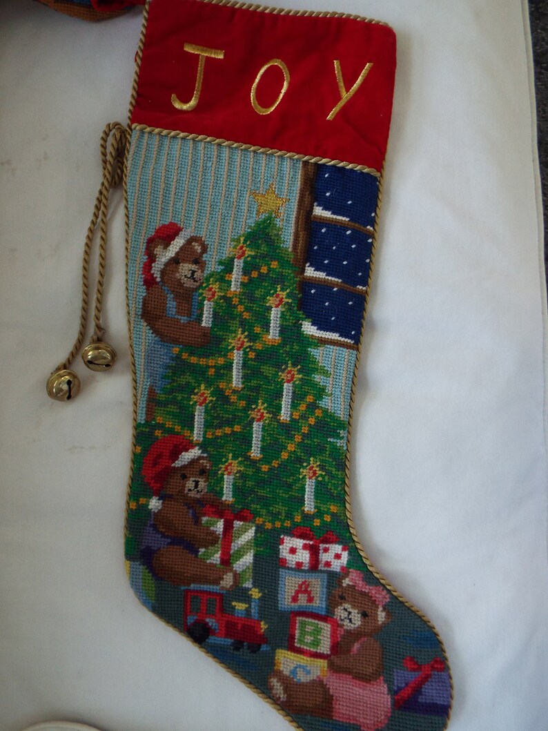 vintage needlepoint Christmas stocking JOY bears Christmas tree toys wool red velvet gold cord bells 24x8