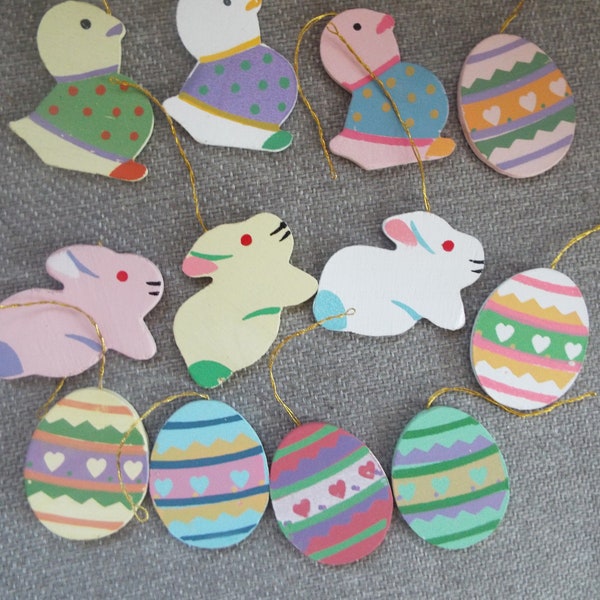 lot of 12 Easter egg tree flat woodies ornaments rabbit egg chick Easter basket craft supply