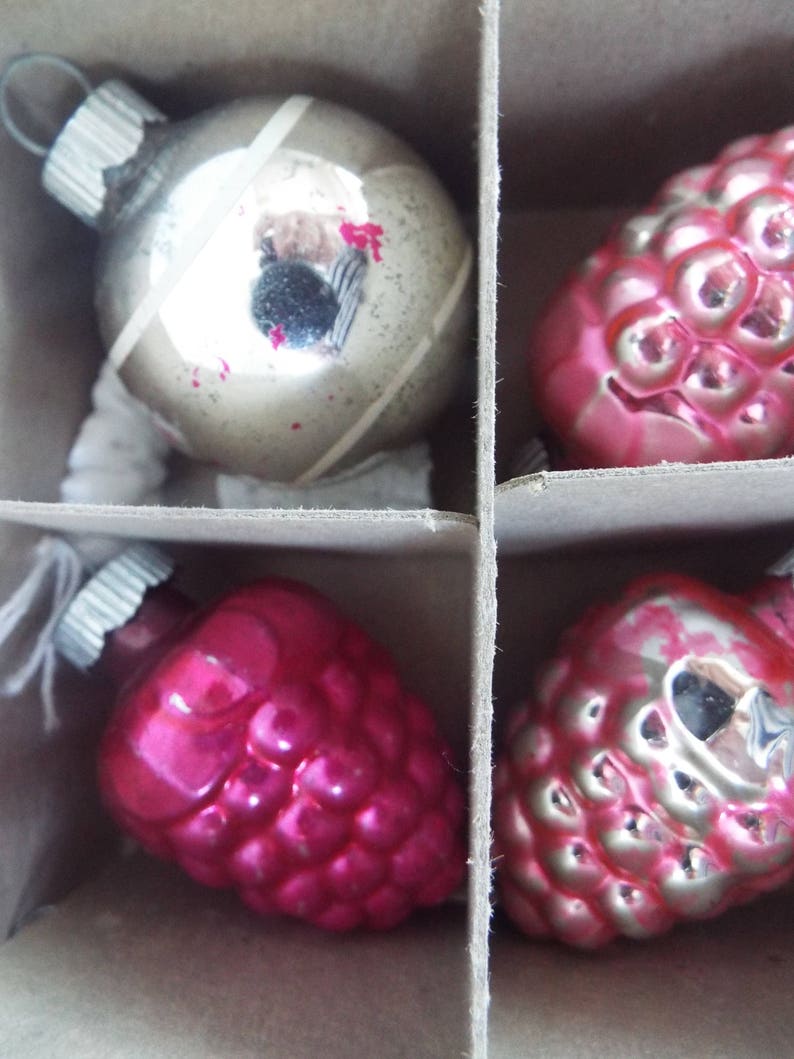 12 Shiny Brite mercury glass feather tree miniature ornaments bell grape atomic ufo stenciled strip
