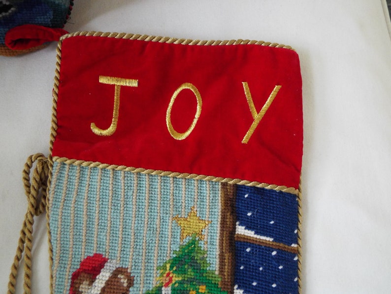 vintage needlepoint Christmas stocking JOY bears Christmas tree toys wool red velvet gold cord bells 24x8