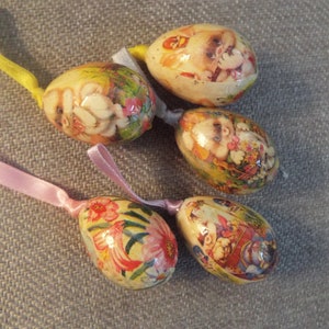 set of 5 paper mache  miniature  hanging Easter eggs for Easter tree 1.5&quot; decoupage eggs egg ornaments