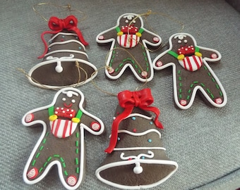vintage 5 gingerbread men Christmas  ornaments baker chef Christmas  ornaments 3 men 2 bells