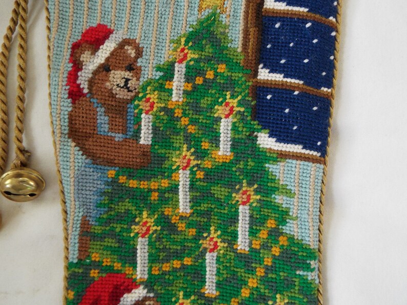 vintage needlepoint Christmas stocking JOY bears Christmas tree toys wool red velvet gold cord bells 24x8