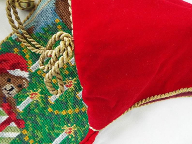 vintage needlepoint Christmas stocking JOY bears Christmas tree toys wool red velvet gold cord bells 24x8