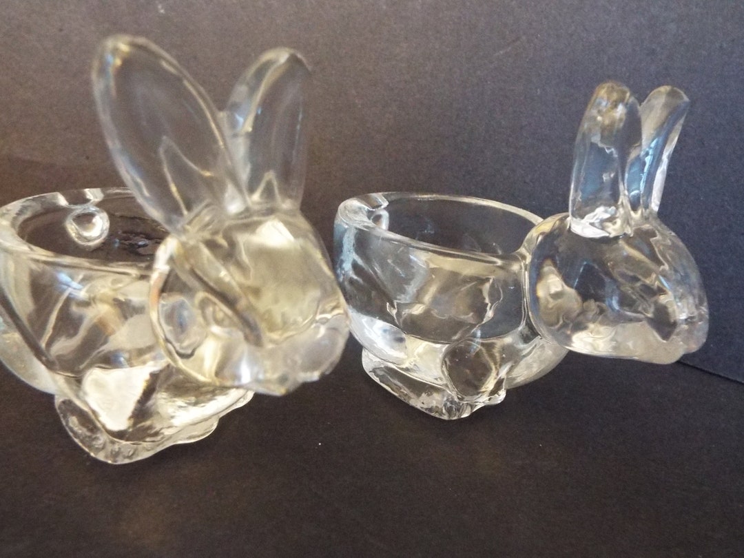 Pair of Crystal Glass Miniature Rabbit Votive Candlesticks Candleholder ...