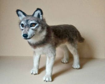 Needle Felted Realistic Grey Wolf. Wolf soft sculpture. Needle Felted Animal. Cute Young Wolf.