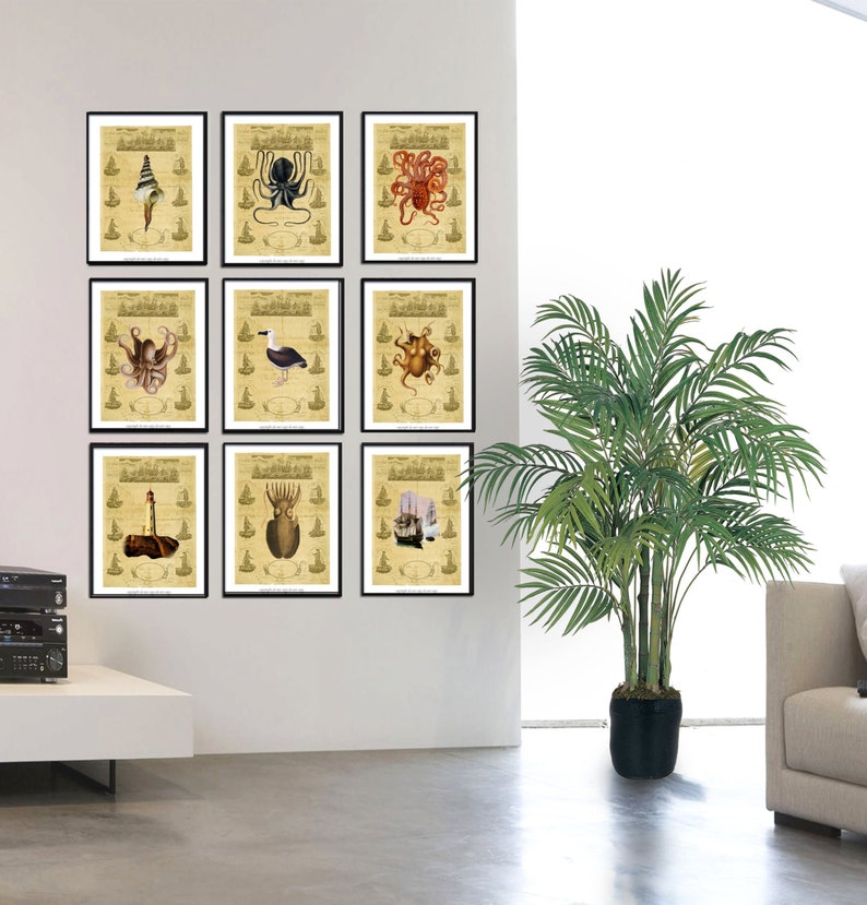 Set of 9 Vintage Nautical cream background, Lighthouse, octopus, Set of 9 Vintage Nautical cream background, Lighthouse, octopus,