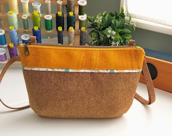 Simple Crossbody - Cork / Canvas, Gold cork and Brown linen fabric with antique brass zipper pull