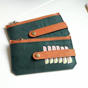 Multiple card wallet, Cork fabric, snap closure, zip coin pocket, slip for cash, dark green, leather brown