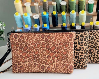 Cork Wristlet with card slots and inside zip pocket, natural corks with animal prints, evening bag, minimalist purse, detachable strap