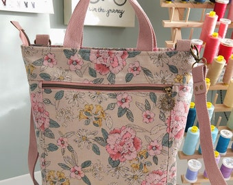 Tote bag - Floral Canvas and Dark Green cork fabric base, florals, pinks, dusty rose