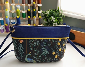 Simple Crossbody - Cork / Canvas, Blue and Black with peacocks in Rifle Paper Canvas with pops of yellow and golden hardware