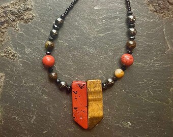 Earth Warrior ~ Red Jasper & TigerEye Stone Arrow SoulSpeaker Necklace