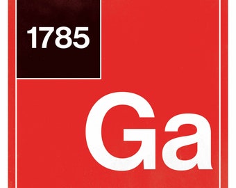 Op de afbeelding: Een rood en zwart grafisch ontwerp met de tekst "1785 Ga" en de woorden "Athens, Georgia" en "Eerste jaar van voetbal | 1891 Kleuren | Rood en zwart".