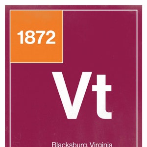 May include: A maroon and orange graphic design with the text "1872" and "Vt" in white. The text "Blacksburg, Virginia" is below the abbreviation. The text "First Year of Football | 1892" and "Colors | Chicago Maroon & Burnt Orange" are below the location.