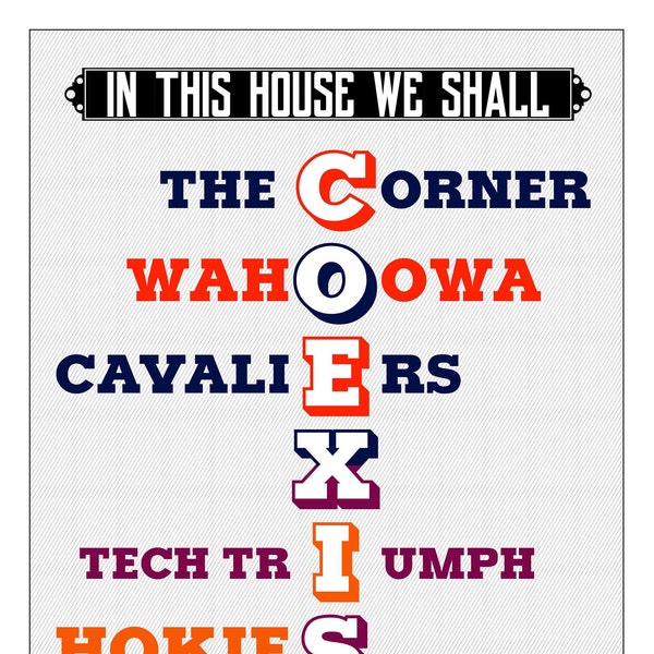 House Divided Virginia Cavaliers - Virginia Tech Hokies | "In This House We Shall COEXIST" | College Fans Typography Print | 11 x 14