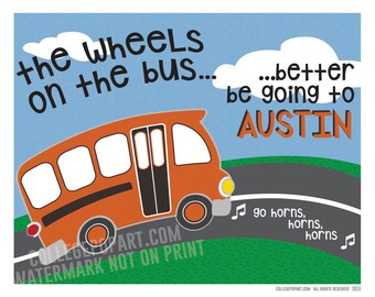 Texas Longhorns | "Wheels on the Bus" Kids or Baby Room Art | New Baby or Young Fan Gift | Matted 8 x 10 Print