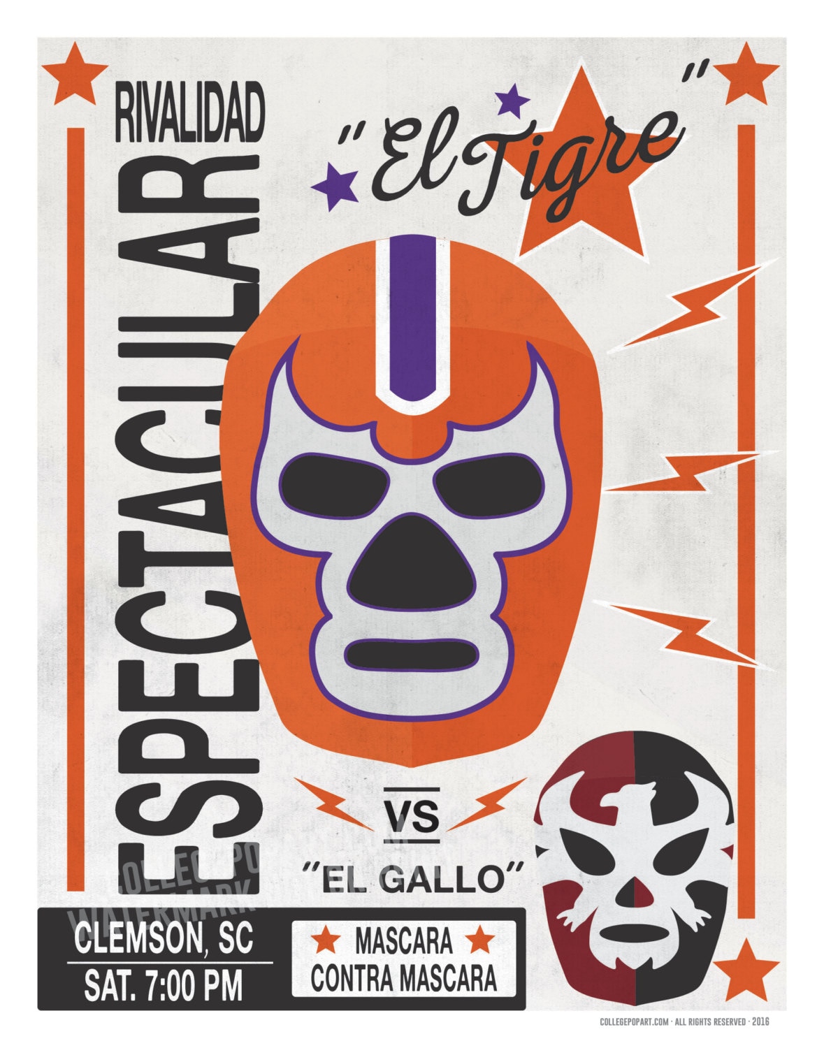 Clemson Tigers El Tigre Luchador Mask Print Etsy