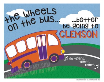 Clemson Tigers  | "Wheels on the Bus" Kids or Baby Room Art | New Baby or Young Fan Gift | Matted 8 x 10 Print
