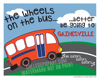 Florida Gators / "Wheels on the Bus" Arte para niños o habitaciones para bebés / Regalo para nuevos bebés o jóvenes / Estampado mate de 8 x 10