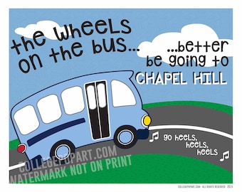North Carolina Tar Heels | "Wheels on the Bus" Kids or Baby Room Art | New Baby or Young Fan Gift | Matted 8 x 10 Print