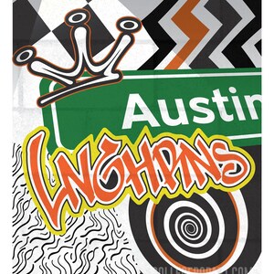 Texas Longhorns Graffiti Print | 11 x 14 Graffiti Style Print Tags Your Favorite Team and College Town | For Grads, Fans, Kids & More