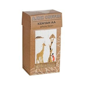 May include: A brown cardboard box with a giraffe and a person standing next to a tree. The box says "Ajili Coffee Kenyan AA whole bean" and "Net weight: one pound / 454 grams".