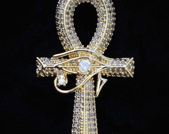 Exquisite Gold CZ Ankh & Eye of Horus Pendant Necklace * Egyptian Jewelry for Him or Her* Birthday Gift Idea * Large Ankh w/ Cubic Zirconia